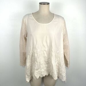 Sundance Eyelet Peasant Ivory Lace Appliqué Trim Long Sleeve Blouse Top Medium